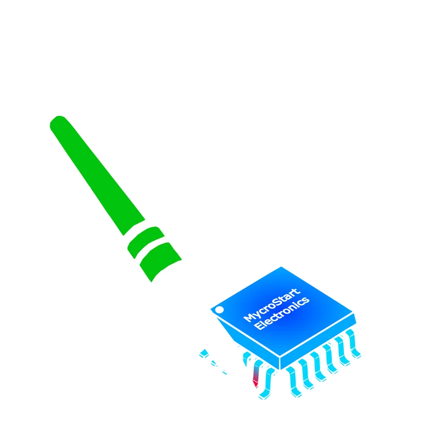 MycroStart Electronics logo: a soldering iron on a microchip inside a circle